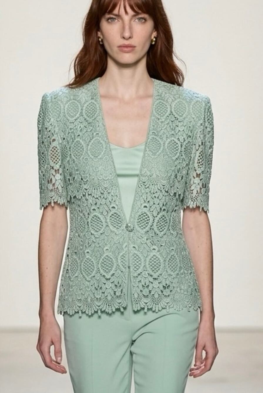 Guipure Lace Mint Green Jacket Womens M Ladylike Retro Embellished USA VTG 80s